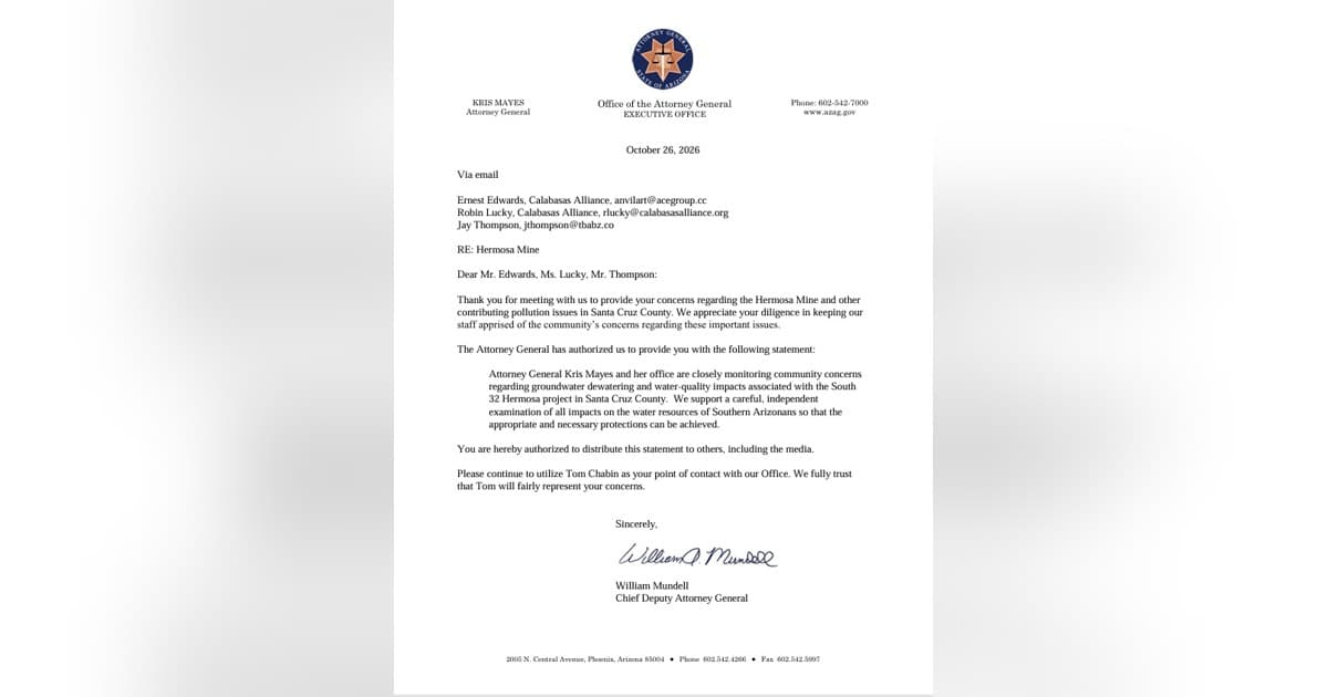 Arizona Attorney General Backs Independent Review of South32 Hermosa Mine's Water Impacts