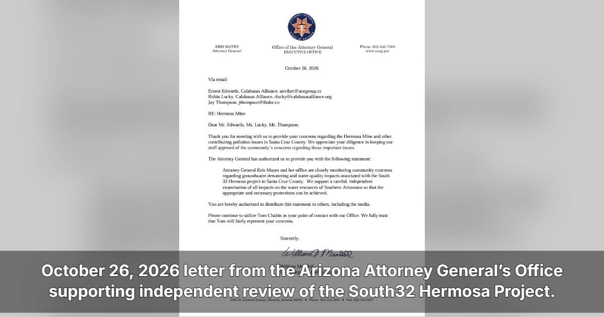 Arizona Attorney General Backs Independent Review of South32 Hermosa Mine's Water Impacts