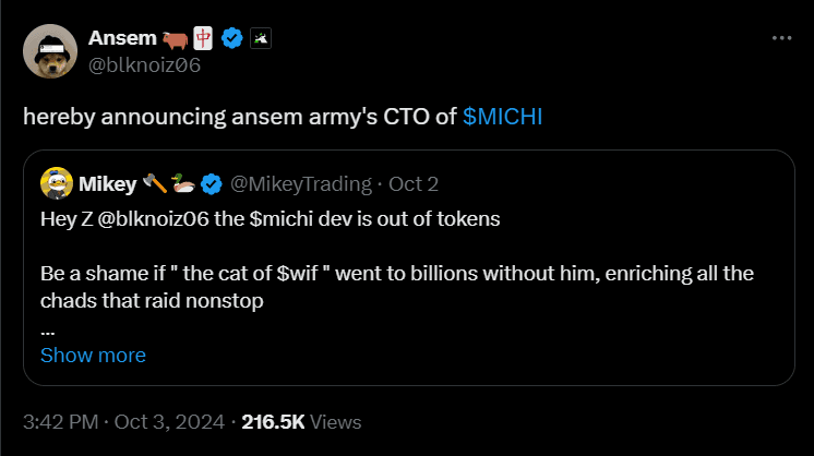 Trader Ansem Leads Community Takeover of Solana's $MICHI Memecoin