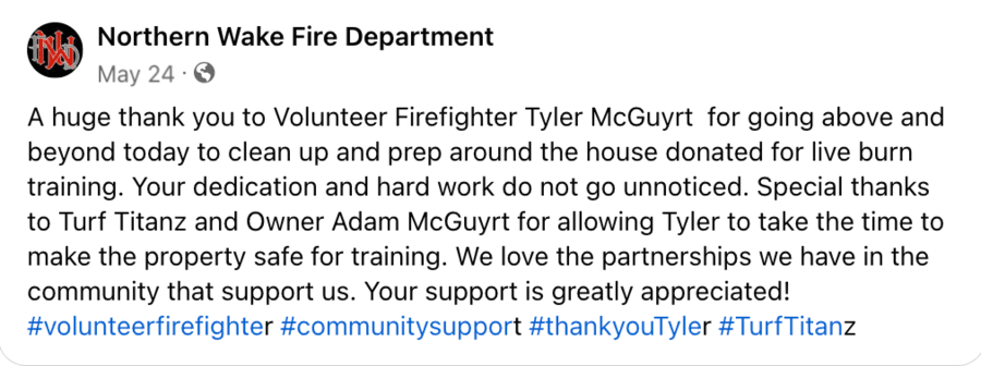 Turf Titanz Collaborates with Northern Wake Fire Department for Crucial Training